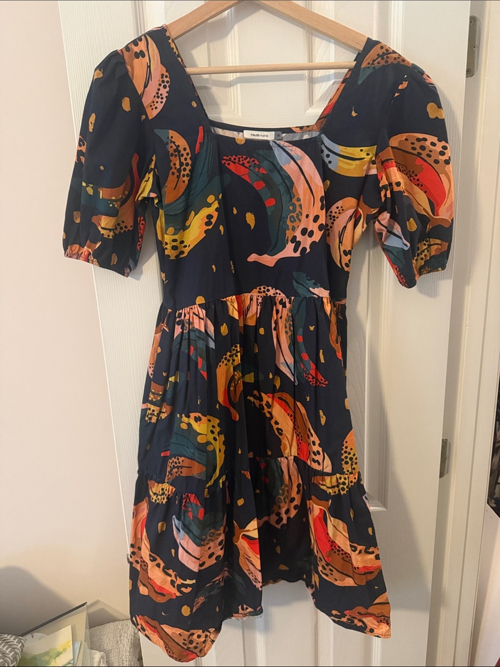 Tiered Navy Multicolor Puff-Sleeve Mini Dress